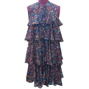 Misa Emogene Shirt Dress Peacock Abstract Chiffon Sleeveless Ruffle Tiers Medium